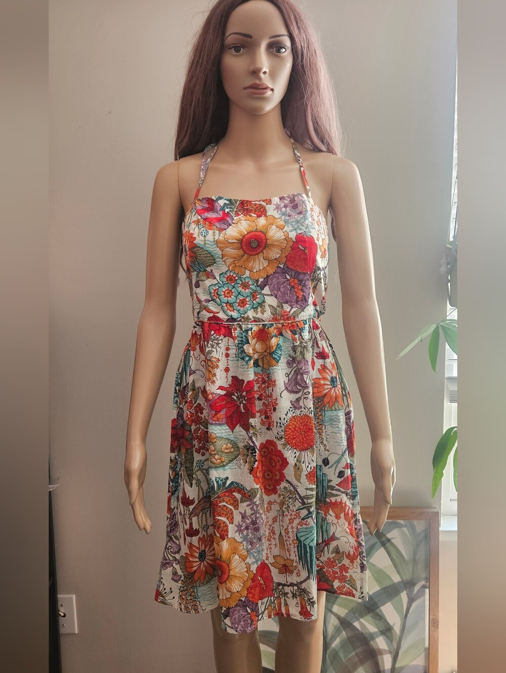 Floral Halter Sundress Midi Dress in Multi-Color Flower Print Backless Tie Back